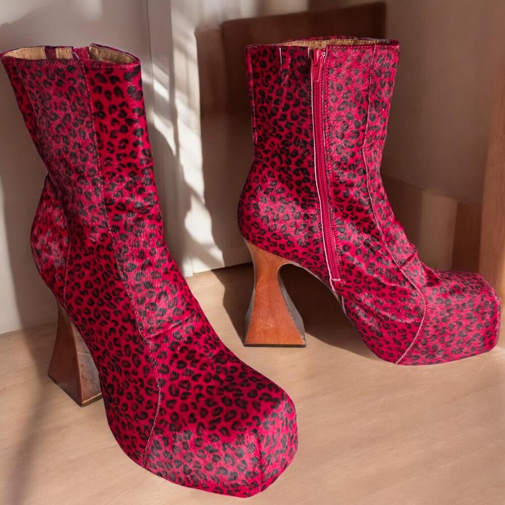 Jeffrey Campbell Red Leopard Platform Heeled Boots